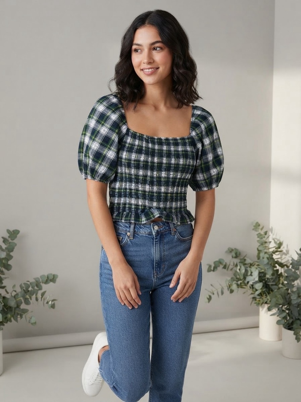 American Eagle Outfitters Green Navy Plaid Smocked Square-Neck medium Top